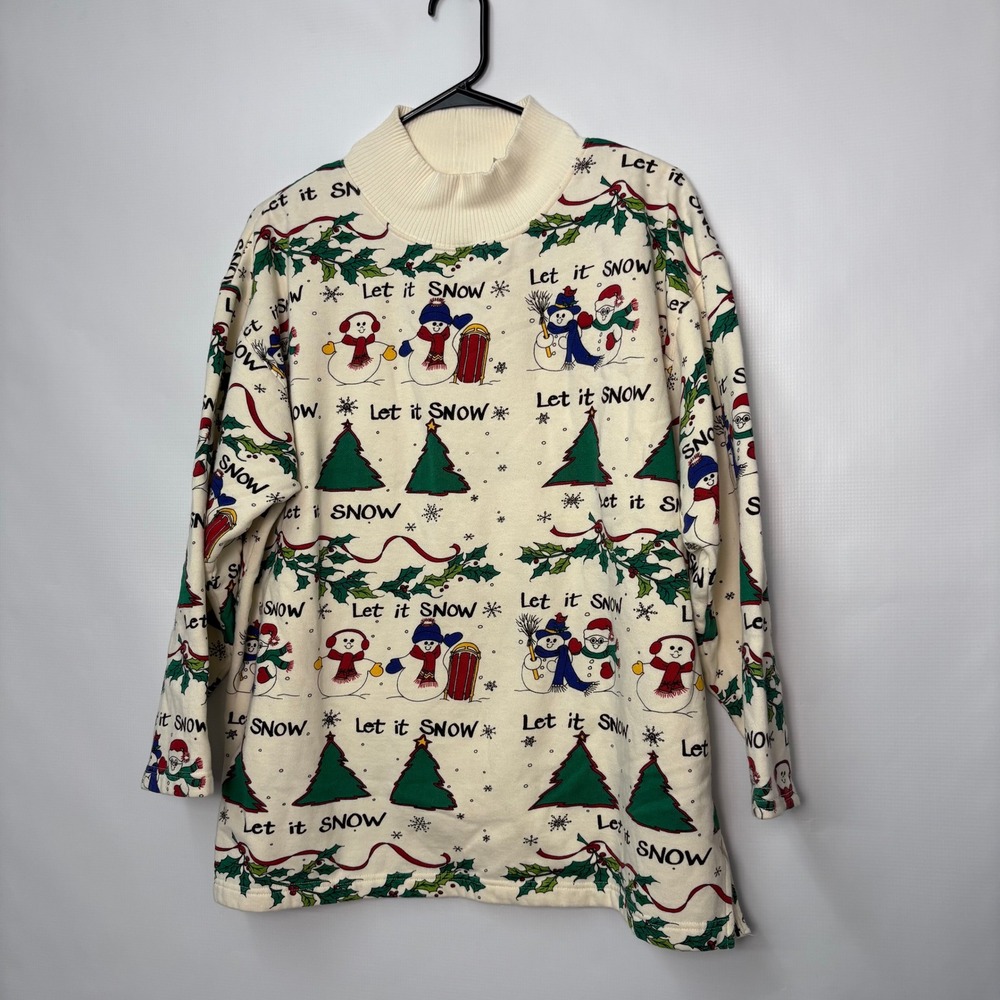 Essential Elements Christmas Snowman Mock Neck Sweatshirt Cream XL vtg